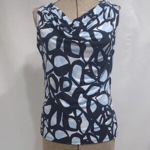 CALVIN KLEIN BLACK BLUE AND WHITE ABSTRACT SLEEVELESS COWL NECK TOP SIZE L